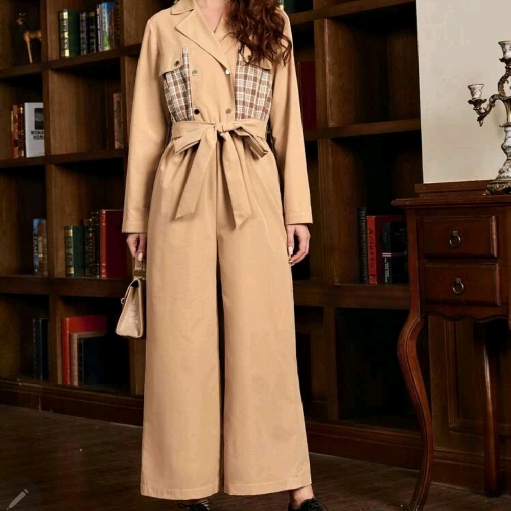 Notched Collar Plaid Panel Self Belt…